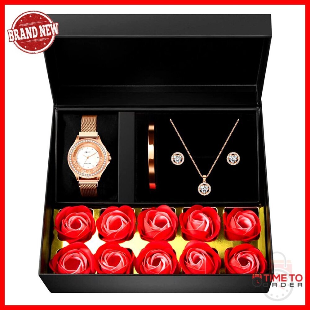 Rose Gold Jewelry Set Watch Necklace Bracelet Earrings Elegant Gift Women